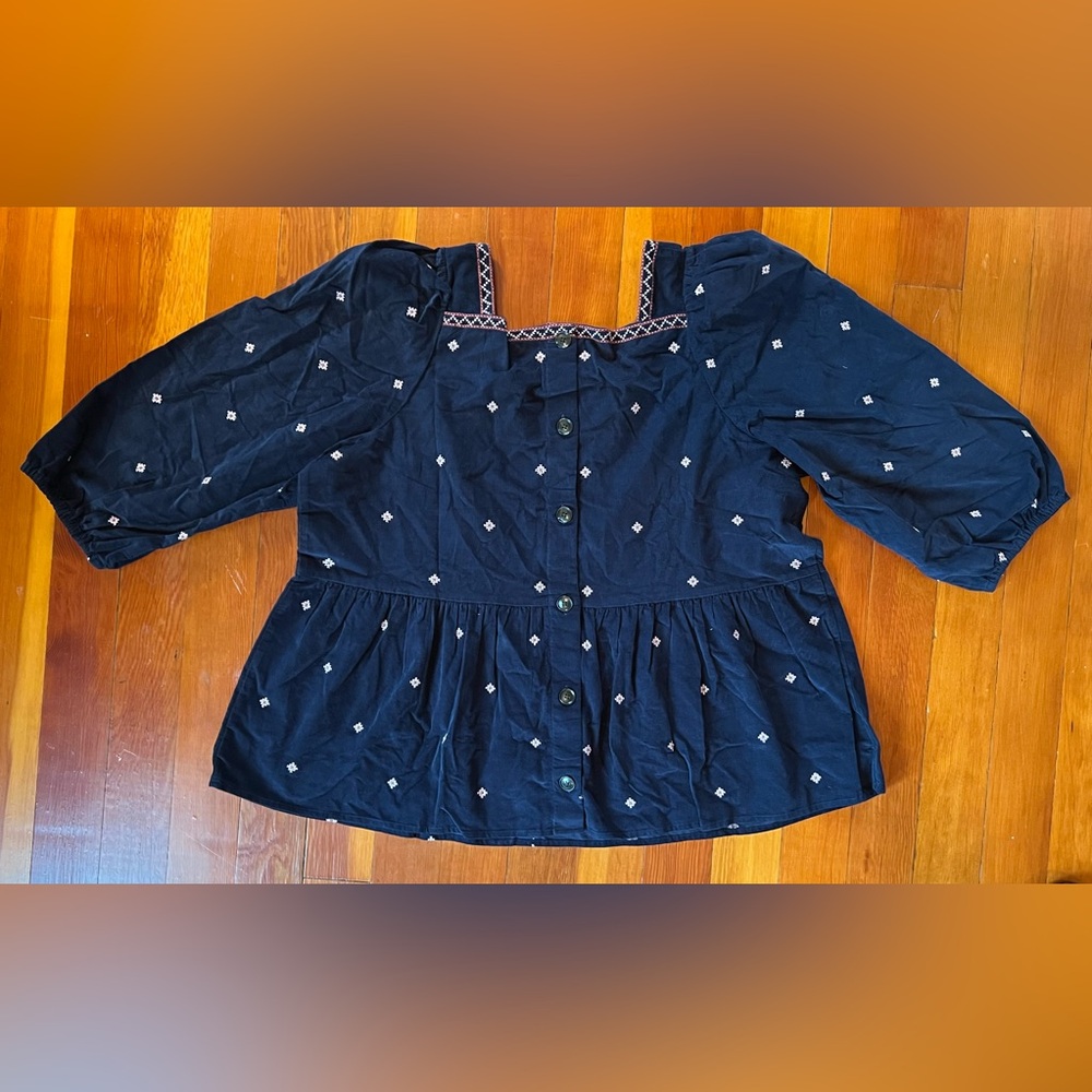 NWT Madewell Navy Blue Embroidered Plus Corduroy Button-Back Peplum Top 2X - Picture 8 of 8